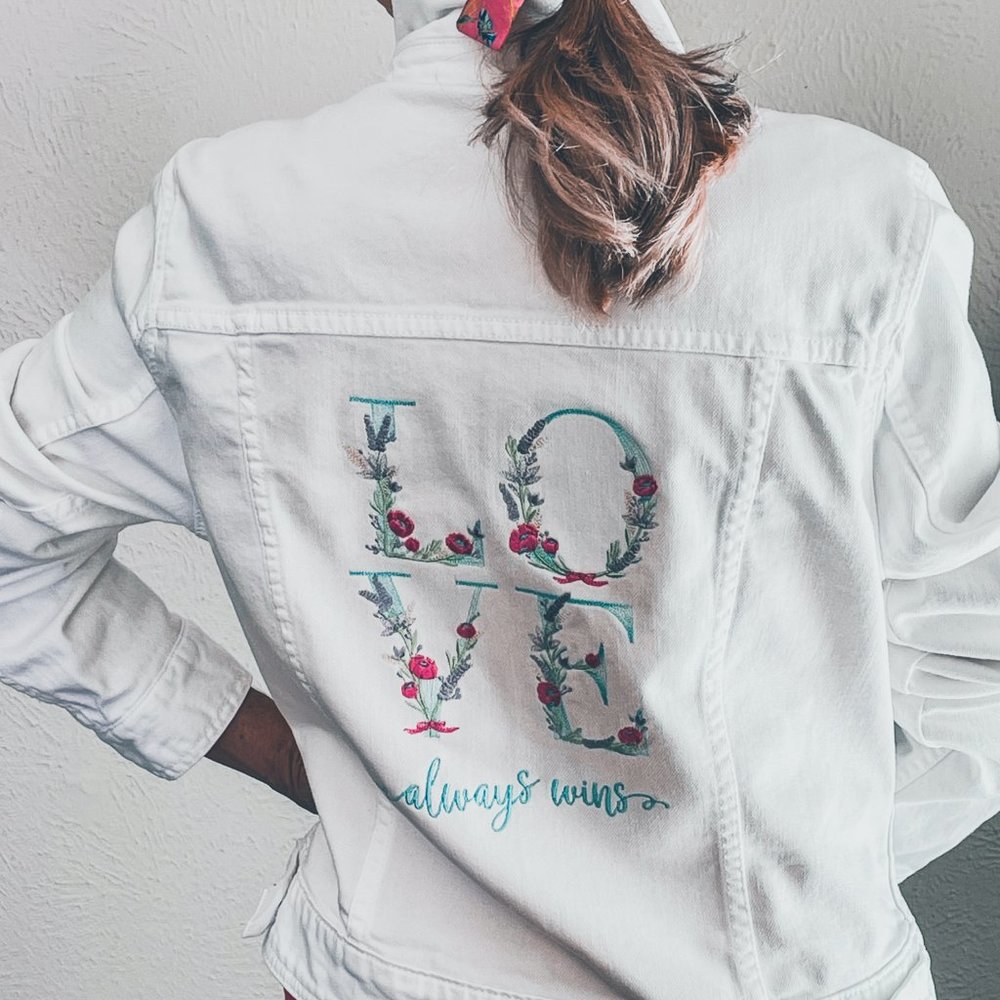 White Denim Jean Jacket-"Love Always Wins"